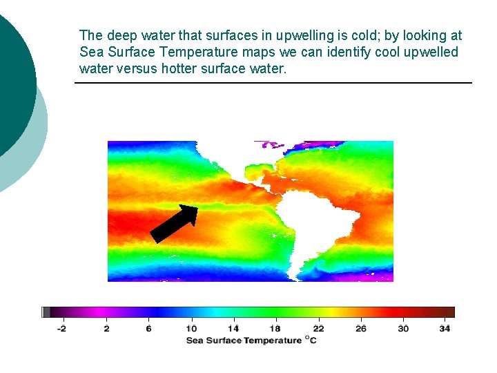 The deep water that surfaces in upwelling is cold; by looking at Sea Surface