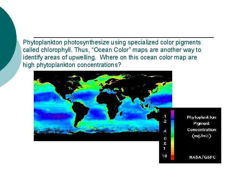 Phytoplankton photosynthesize using specialized color pigments called chlorophyll. Thus, “Ocean Color” maps are another