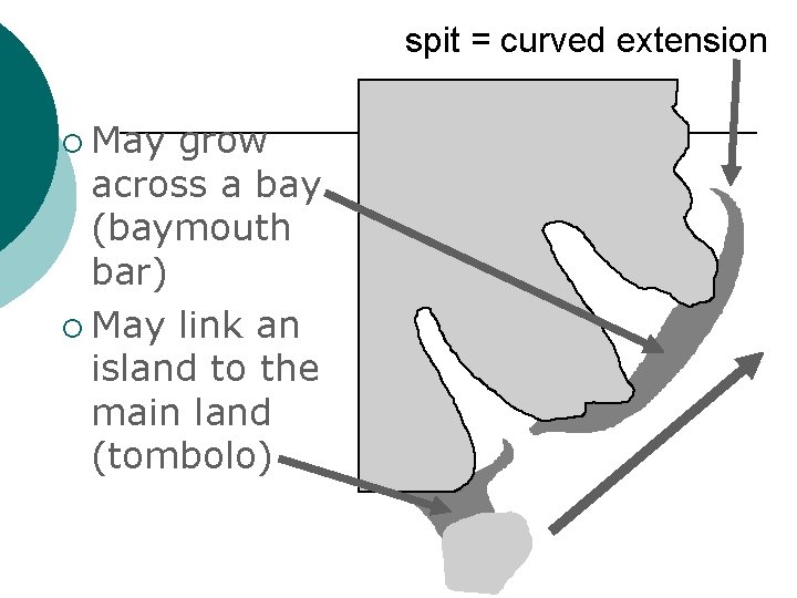 spit = curved extension ¡ May grow across a bay (baymouth bar) ¡ May