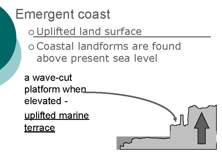 Emergent coast ¡ Uplifted land surface ¡ Coastal landforms are found above present sea