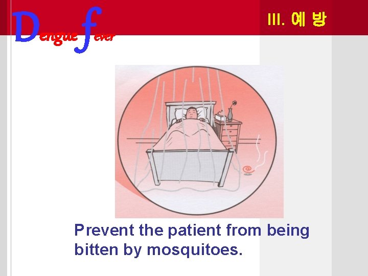 Dengue f III. 예 방 ever Prevent the patient from being bitten by mosquitoes.