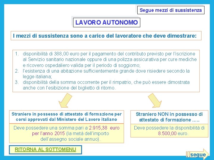 Segue mezzi di sussistenza LAVORO AUTONOMO I mezzi di sussistenza sono a carico del