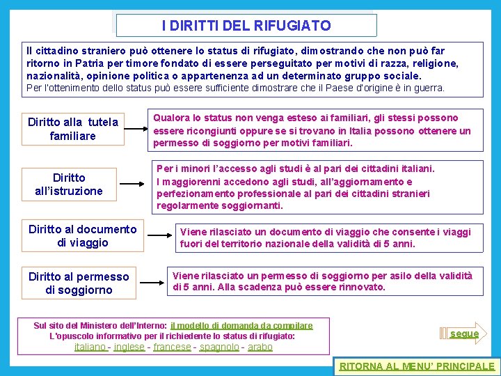 I DIRITTI DEL RIFUGIATO Il cittadino straniero può ottenere lo status di rifugiato, dimostrando