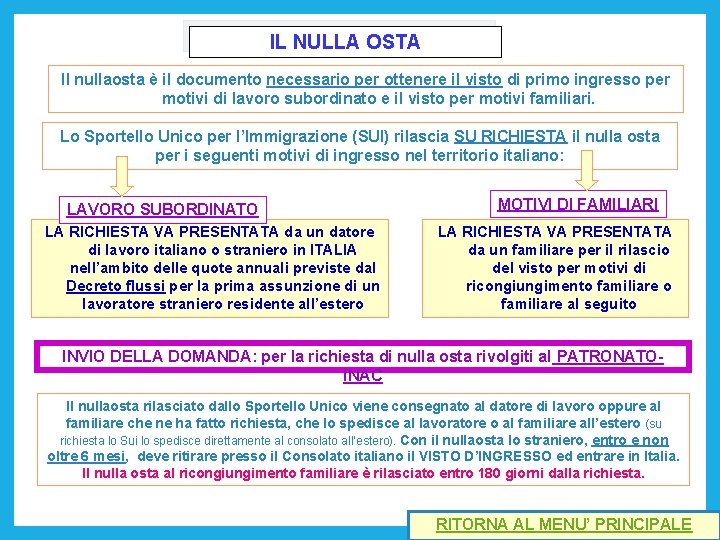 IL NULLA OSTA Il nullaosta è il documento necessario per ottenere il visto di