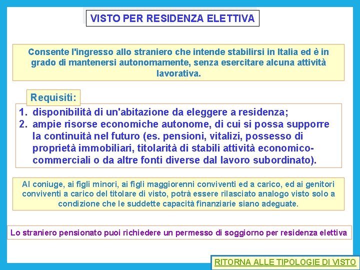 VISTO PER RESIDENZA ELETTIVA Consente l'ingresso allo straniero che intende stabilirsi in Italia ed