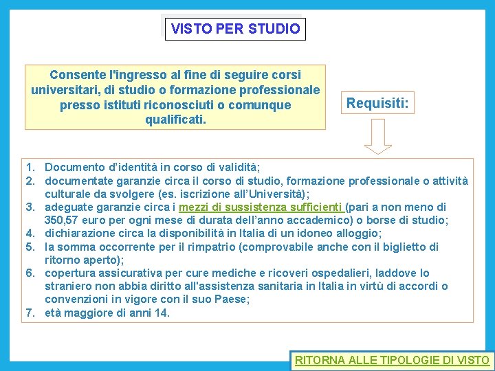 VISTO PER STUDIO Consente l'ingresso al fine di seguire corsi universitari, di studio o