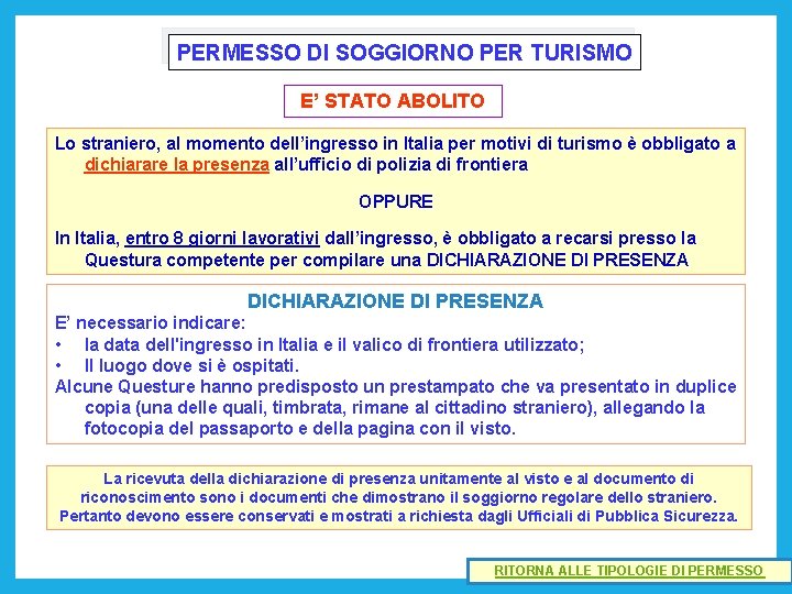 PERMESSO DI SOGGIORNO PER TURISMO E’ STATO ABOLITO Lo straniero, al momento dell’ingresso in