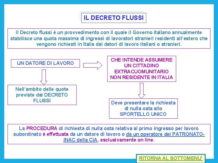 IL DECRETO FLUSSI Il Decreto flussi è un provvedimento con il quale il Governo