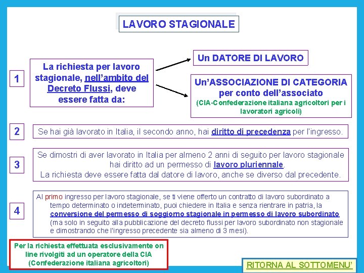 LAVORO STAGIONALE 1 La richiesta per lavoro stagionale, nell’ambito del Decreto Flussi, deve essere