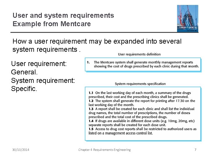 User and system requirements Example from Mentcare How a user requirement may be expanded