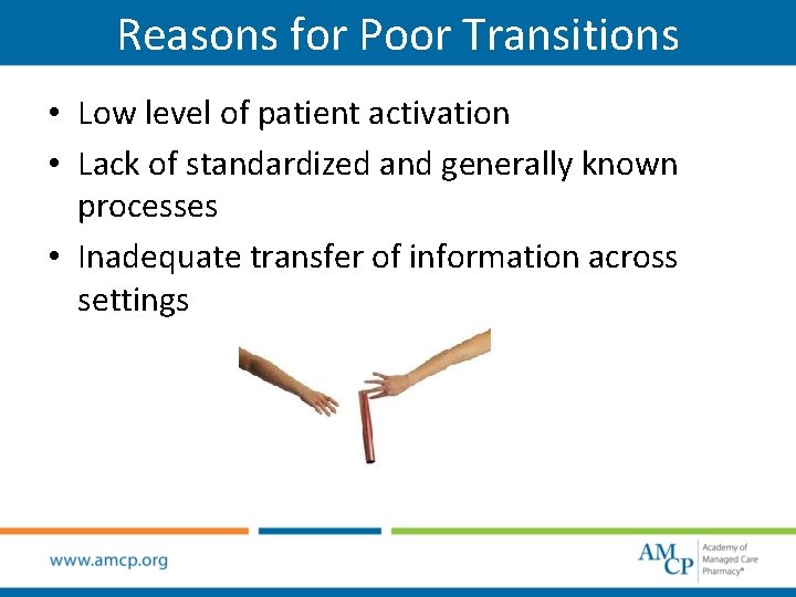 Reasons for Poor Transitions • Low level of patient activation • Lack of standardized