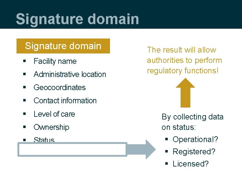 Signature domain § Facility name § Administrative location The result will allow authorities to
