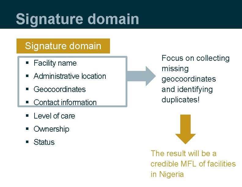 Signature domain § Facility name § Administrative location § Geocoordinates § Contact information Focus