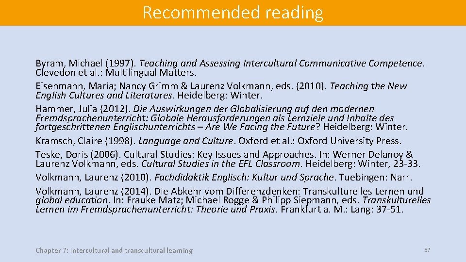 Recommended reading Byram, Michael (1997). Teaching and Assessing Intercultural Communicative Competence. Clevedon et al.