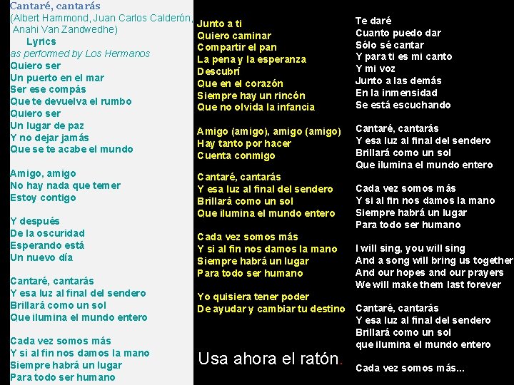 Cantaré, cantarás (Albert Hammond, Juan Carlos Calderón, Anahi Van Zandwedhe) Lyrics as performed by Cantaré, cantarás (Albert Hammond, Juan Carlos Calderón, Anahi Van Zandwedhe) Lyrics as performed by