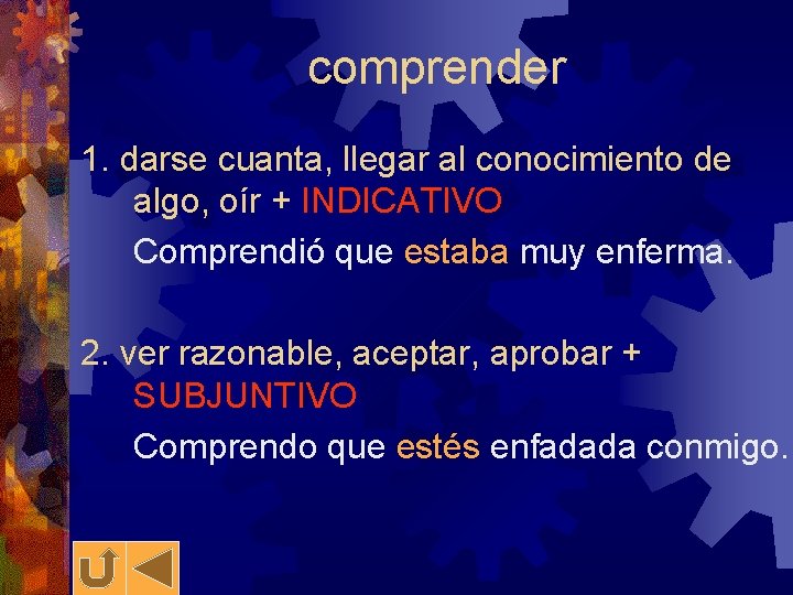 comprender 1. darse cuanta, llegar al conocimiento de algo, oír + INDICATIVO Comprendió que