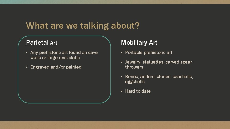 What are we talking about? Parietal Art Mobiliary Art ▪ Any prehistoric art found