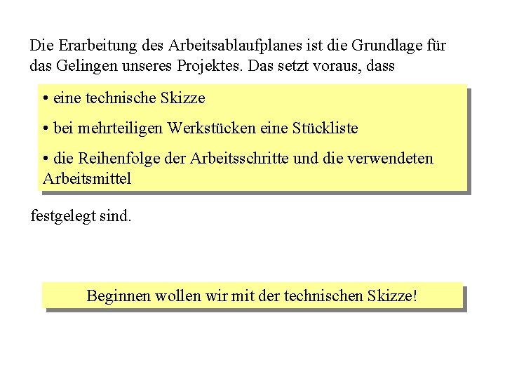 Die Erarbeitung des Arbeitsablaufplanes ist die Grundlage für das Gelingen unseres Projektes. Das setzt