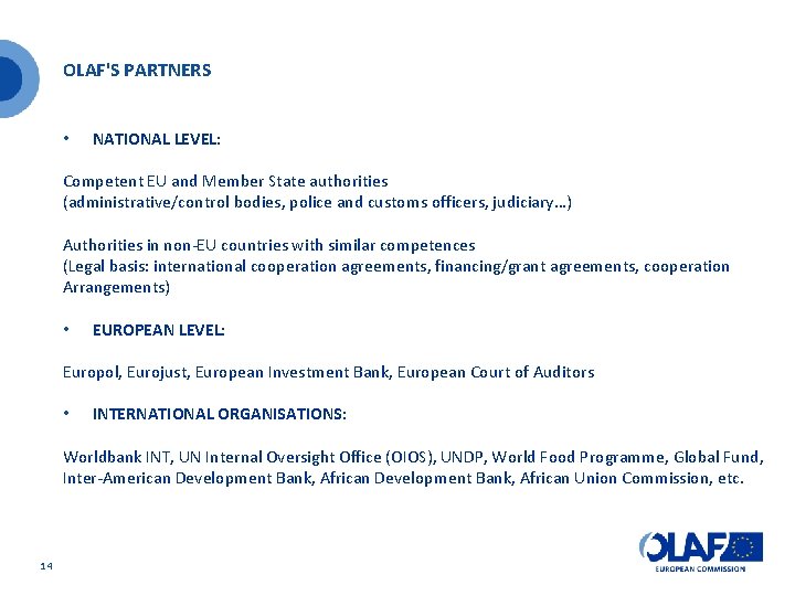 OLAF'S PARTNERS • NATIONAL LEVEL: Competent EU and Member State authorities (administrative/control bodies, police