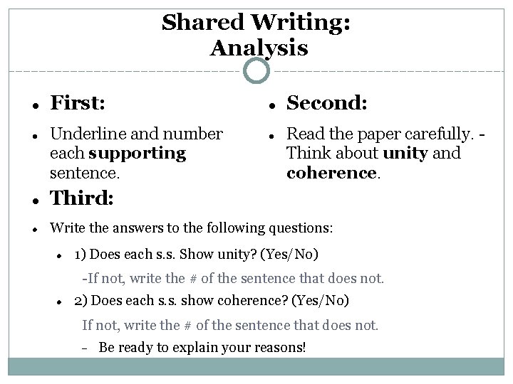 Shared Writing: Analysis First: Underline and number each supporting sentence. Second: Read the paper