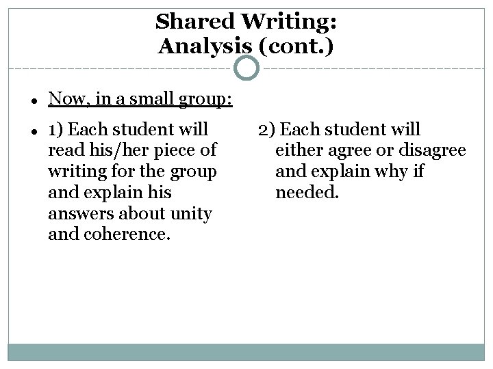 Shared Writing: Analysis (cont. ) Now, in a small group: 1) Each student will