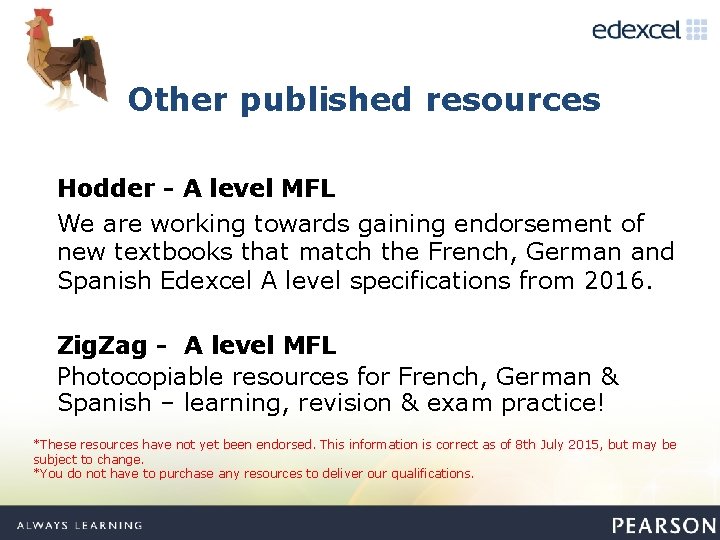 Other published resources Hodder - A level MFL We are working towards gaining endorsement