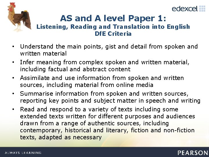 AS and A level Paper 1: Listening, Reading and Translation into English Df. E