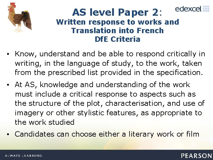AS level Paper 2: Written response to works and Translation into French Df. E