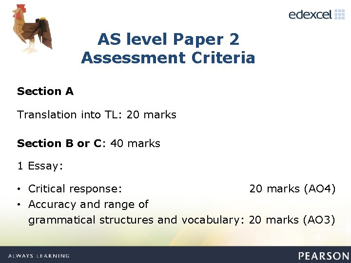 AS level Paper 2 Assessment Criteria Section A Translation into TL: 20 marks Section