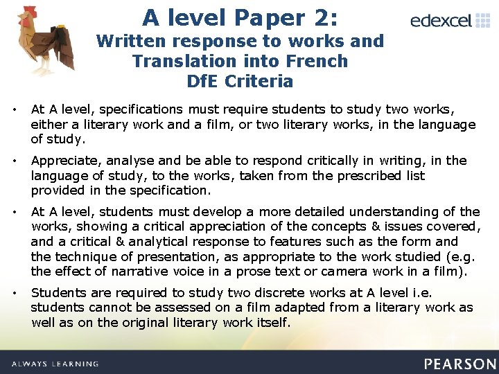 A level Paper 2: Written response to works and Translation into French Df. E