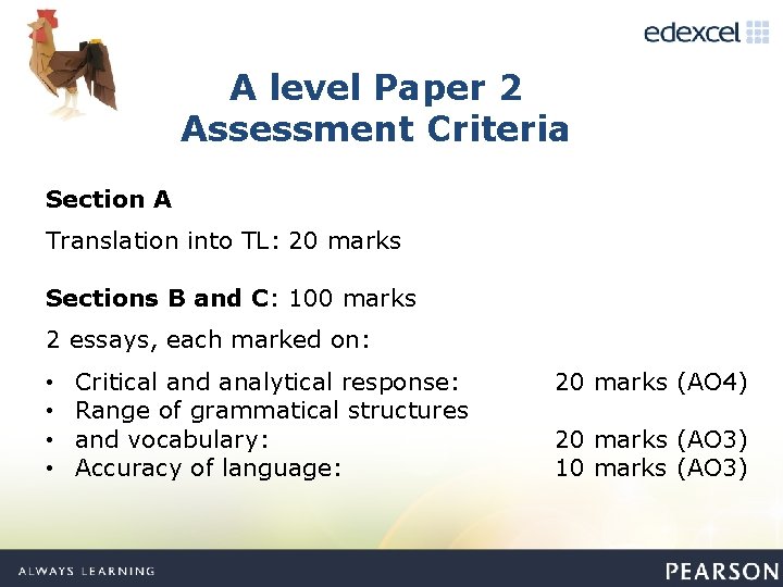 A level Paper 2 Assessment Criteria Section A Translation into TL: 20 marks Sections