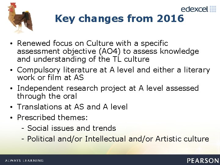 Key changes from 2016 • Renewed focus on Culture with a specific assessment objective