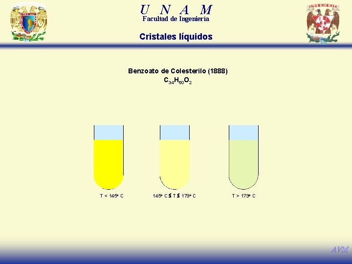 U N A M Facultad de Ingeniería Cristales líquidos Benzoato de Colesterilo (1888) C