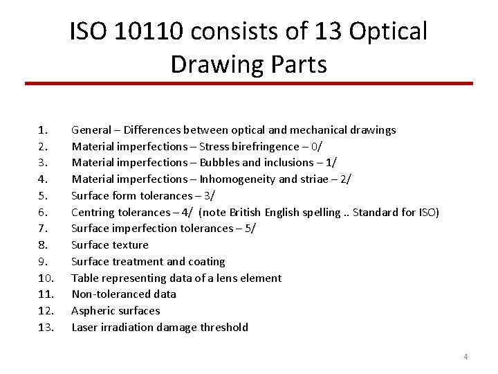 ISO 10110 consists of 13 Optical Drawing Parts 1. 2. 3. 4. 5. 6.