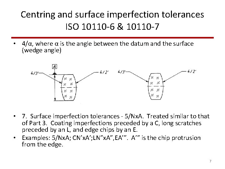 Centring and surface imperfection tolerances ISO 10110 -6 & 10110 -7 • 4/α, where