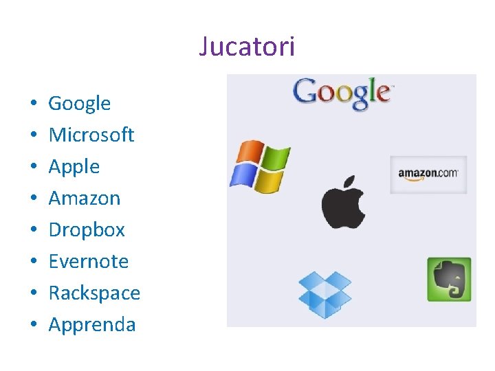 Jucatori • • Google Microsoft Apple Amazon Dropbox Evernote Rackspace Apprenda 