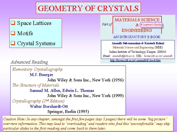 GEOMETRY OF CRYSTALS Space Lattices Motifs Crystal Systems Advanced Reading Part of MATERIALS SCIENCE