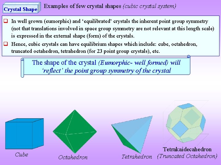 Crystal Shape Examples of few crystal shapes (cubic crystal system) In well grown (eumorphic)