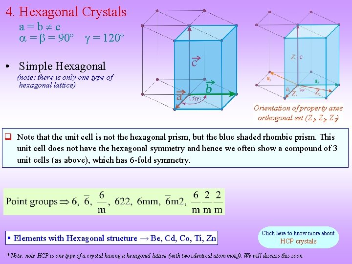 4. Hexagonal Crystals a=b c = = 90º = 120º • Simple Hexagonal (note: