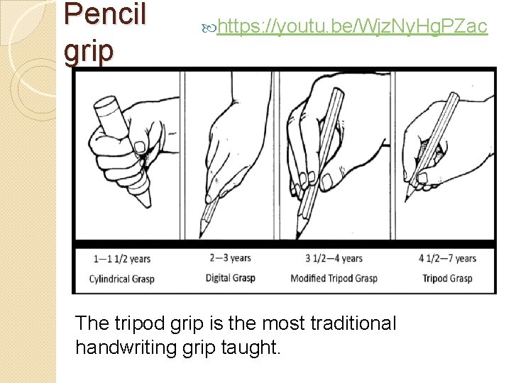 Pencil grip https: //youtu. be/Wjz. Ny. Hg. PZac The tripod grip is the most Pencil grip https: //youtu. be/Wjz. Ny. Hg. PZac The tripod grip is the most