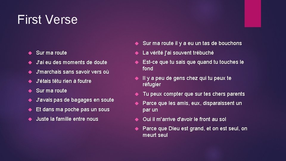 First Verse Sur ma route il y a eu un tas de bouchons Sur