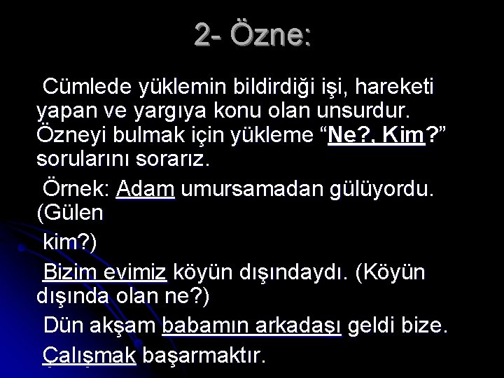 2 - Özne: Cümlede yüklemin bildirdiği işi, hareketi yapan ve yargıya konu olan unsurdur.