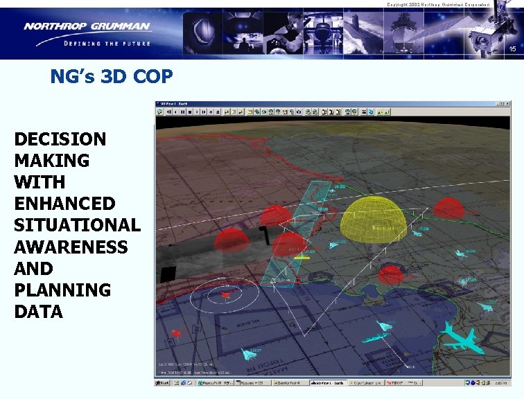 Copyright 2002 Northrop Grumman Corporation 15 NG’s 3 D COP DECISION MAKING WITH ENHANCED