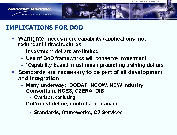 Copyright 2002 Northrop Grumman Corporation 17 IMPLICATIONS FOR DOD § Warfighter needs more capability