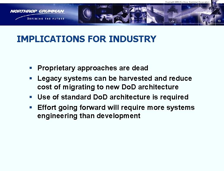 Copyright 2002 Northrop Grumman Corporation 19 IMPLICATIONS FOR INDUSTRY § Proprietary approaches are dead
