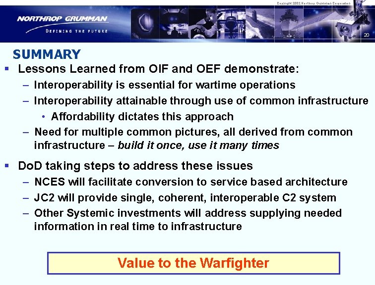 Copyright 2002 Northrop Grumman Corporation 20 SUMMARY § Lessons Learned from OIF and OEF