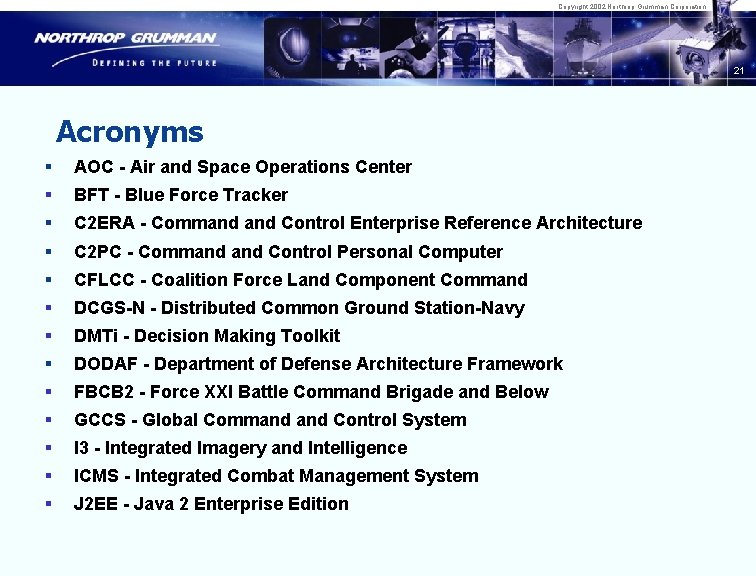 Copyright 2002 Northrop Grumman Corporation 21 Acronyms § AOC - Air and Space Operations