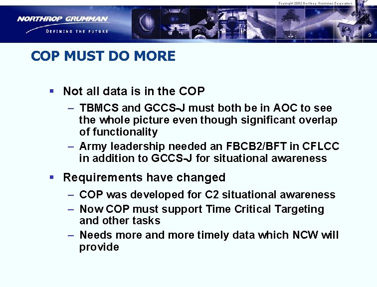 Copyright 2002 Northrop Grumman Corporation 9 COP MUST DO MORE § Not all data