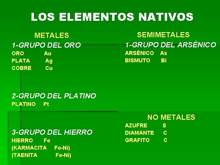 CLASIFICACIN DE MINERALES Elementos nativos Sulfuros xidos Hidrxidos