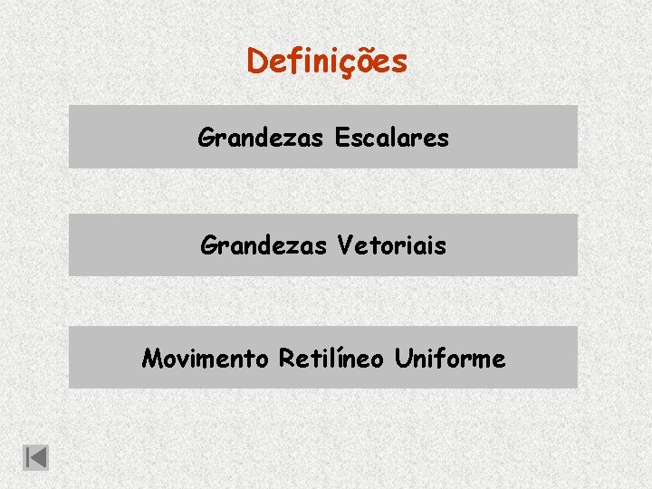 Definições Grandezas Escalares Grandezas Vetoriais Movimento Retilíneo Uniforme 